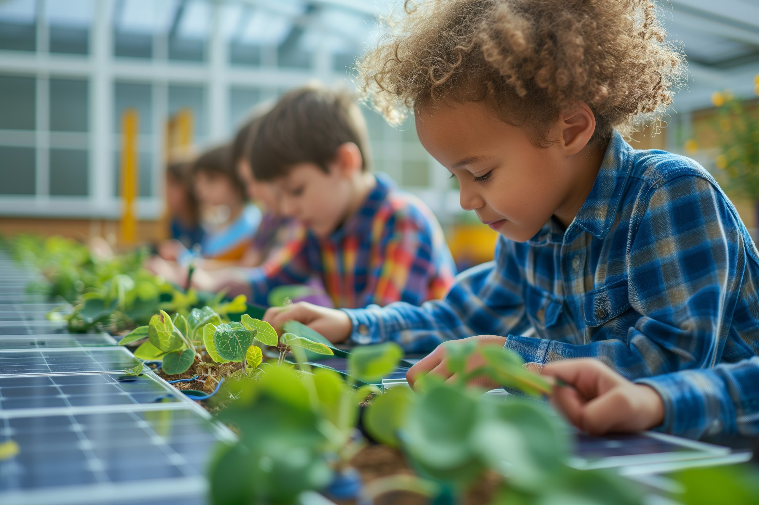 Eager students in a greenhouse tend to young plants bedded in soil on solar panels, merging botany with renewable energy lessons. Inquisitive children in a solar-powered greenhouse nurture seedlings,